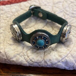 Green Leather Bracelet with Silver Accents